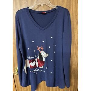 Ladies Joyland Dachshund Through the Snow Blue Sequin Sweater - XL